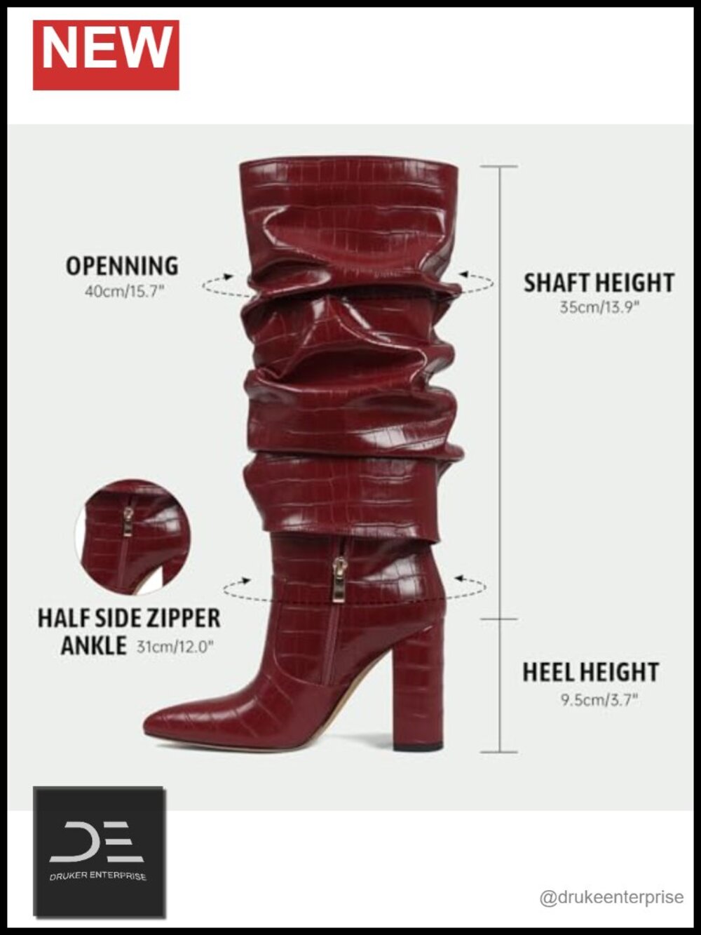 Wide Calf Knee High Boots Women Fold Over Chunky Heel Pointed Toe Faux Leather - Picture 5 of 6